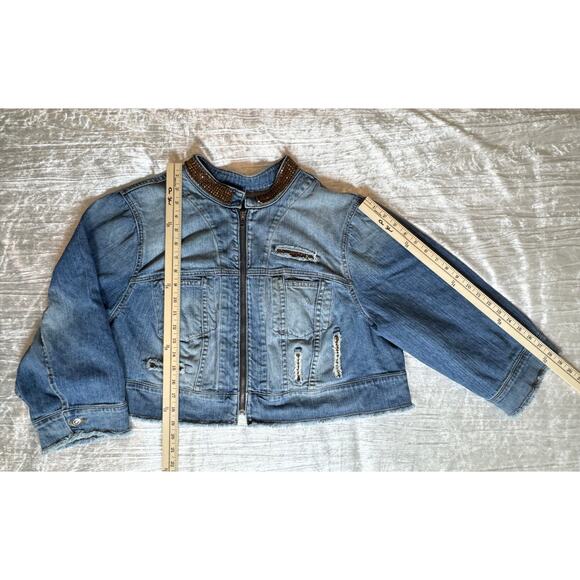 A.B.S. Women’s Cropped Distressed Denim Jacket, Amber Rhinestones, Size 22W - Picture 5 of 10